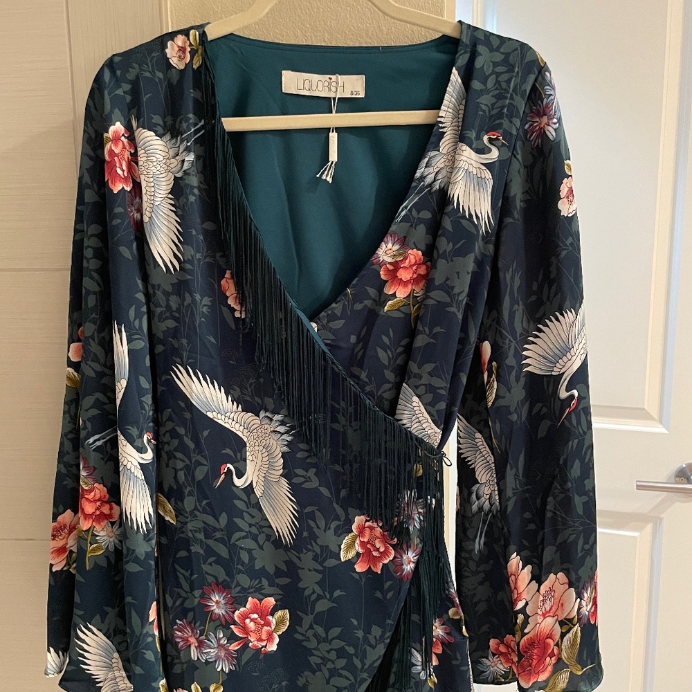Liquorish ASOS Teal Kimono Fringe Wrap Dress
